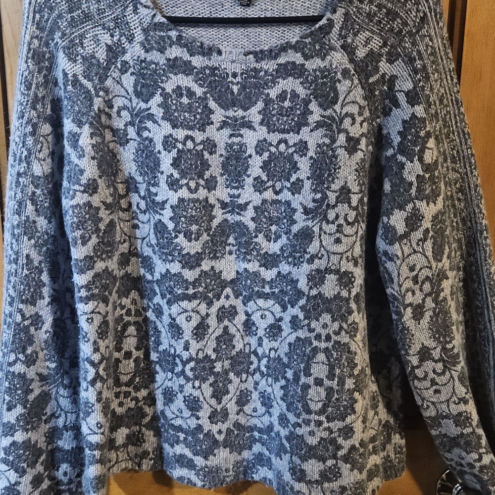 Lucky Brand Dusty Blue Boho Print Sweater